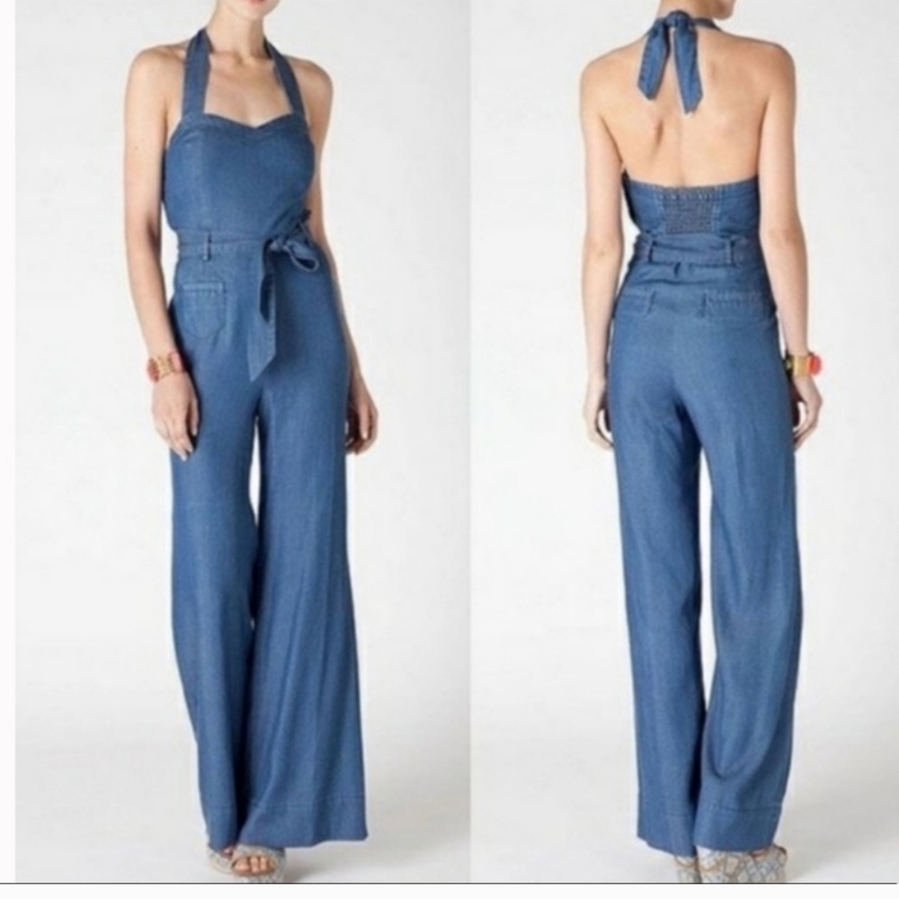 Elevenses Anthropologie Blue Wide Leg Halter Jumpsuit 70s Boho Retro - Picture 1 of 11
